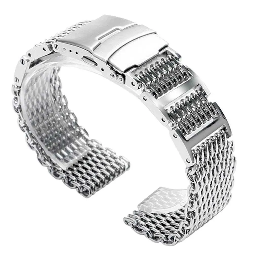 Luksusowy 20/22 / 24mm Stal nierdzewna Watchband Shark Mesh Metal Foldin Watch Pasek z Bezpieczeństwem Silver 2 Spring Brama H0915