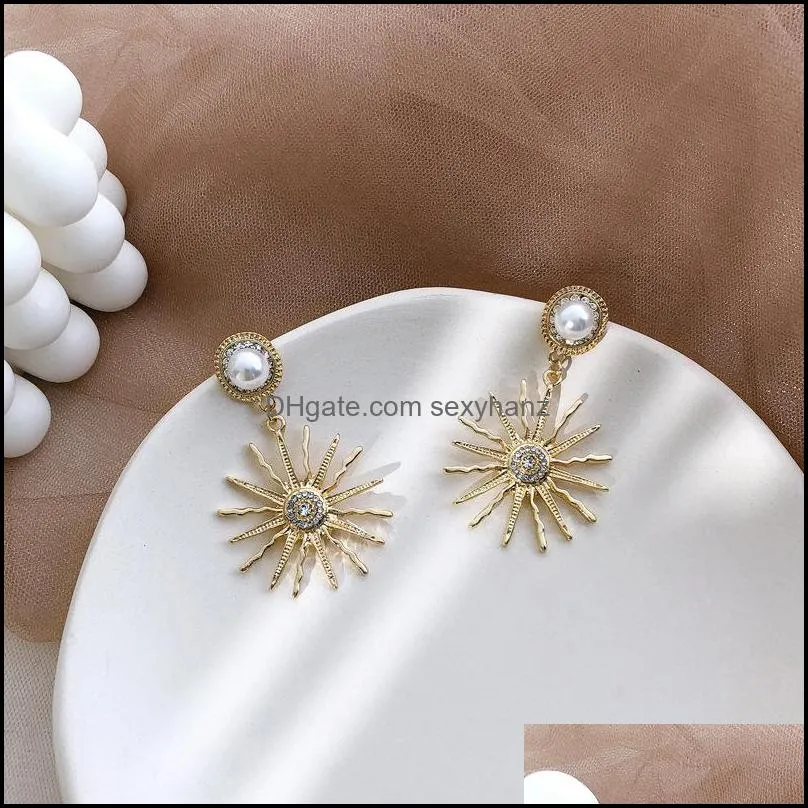 S1137 Hot Fashion Jewelry S925 Silver Post Earrings Sun Shine Rhinstone Faux Pearl Dangle Stud Earrings