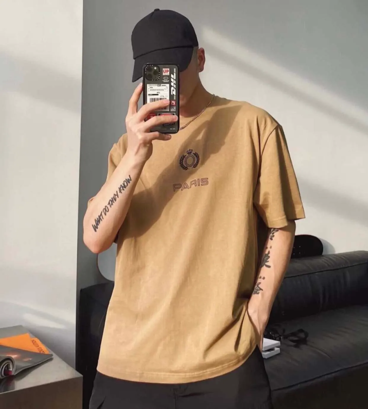 21SS män tryckta t-shirt tee wheat head bokstäver utskrift män kläder kortärmad herrtröjor tagg bokstäver polo ny brun