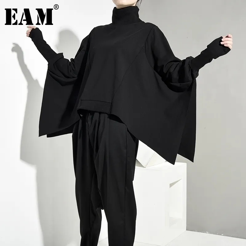 [EAM] Loose Fit Noir Oversize Retour Long Sweat-shirt Nouveau Col Haut Manches Longues Femmes Grande Taille Mode Printemps Automne OA8690 201201