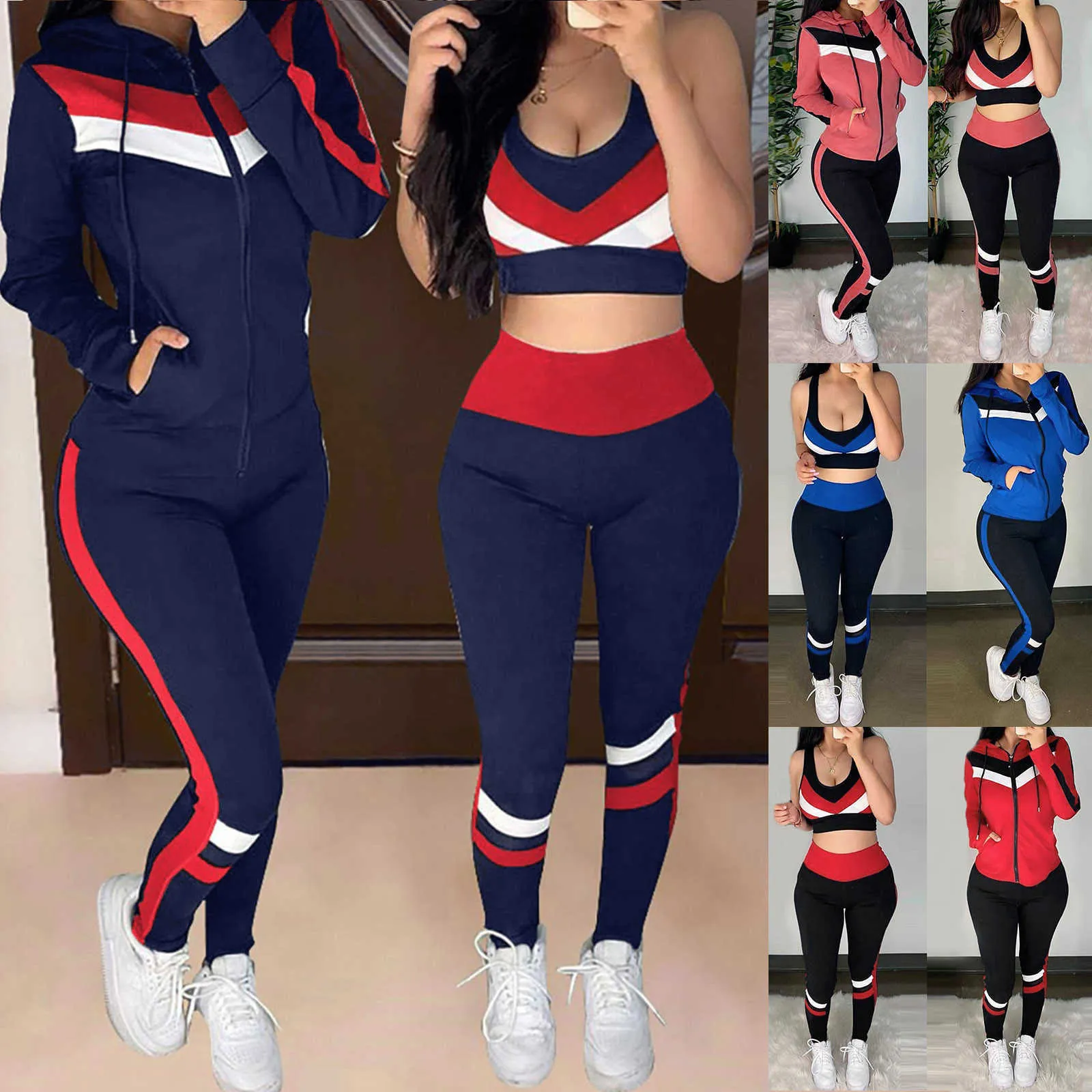 2020 Nieuwe Sport Set Womenloos Hooded Vest Leisure Sports Pak 3-Piespuits Dameskleding X0629