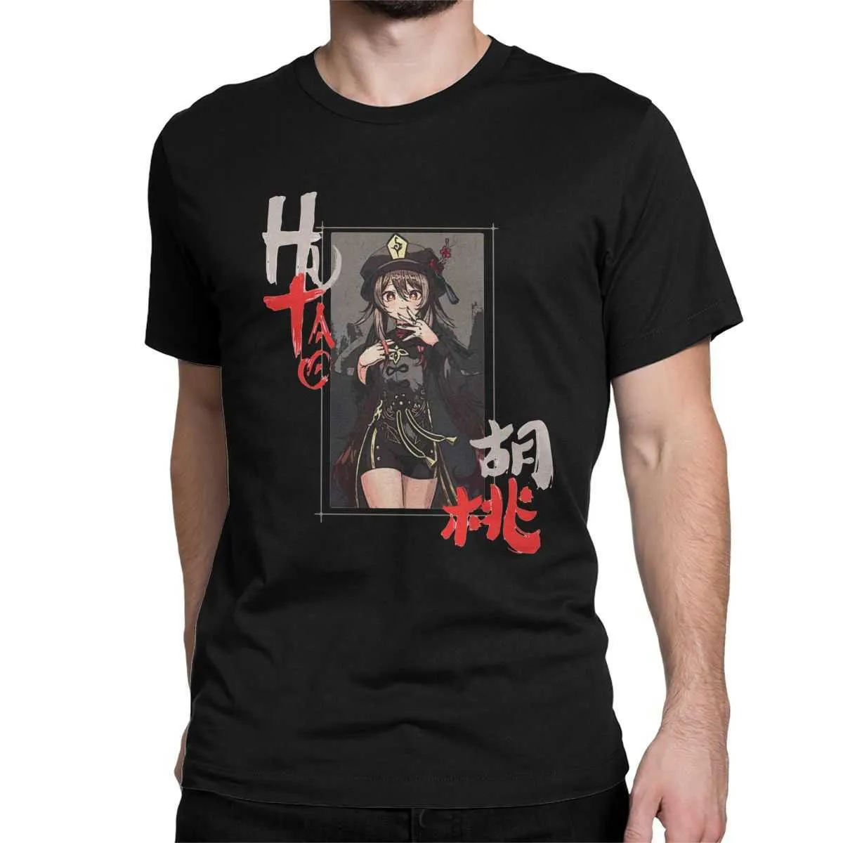 Hu tao jenshin etkisi erkekler tişört anime oyunu mizahi tees kısa kollu mürettebat tişörtleri pamuk artı boyutları y0901