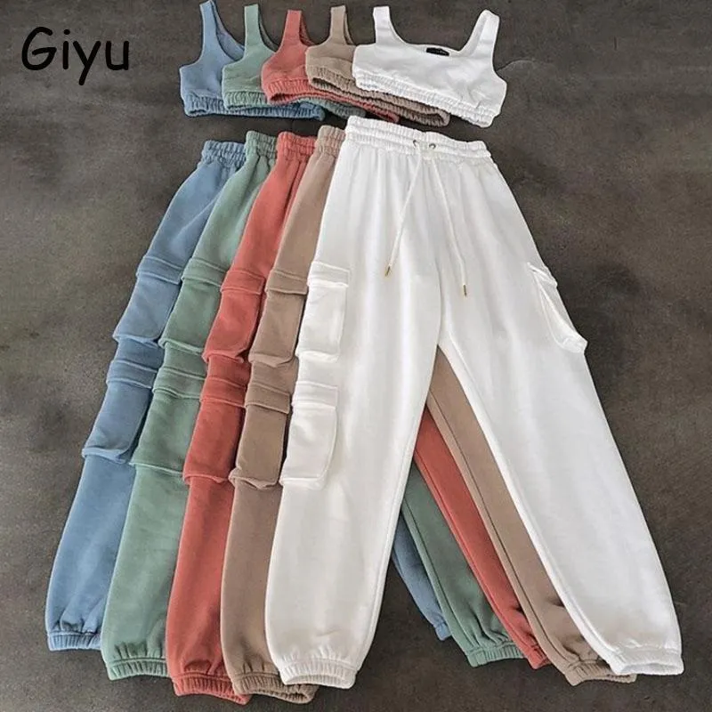 Giyu 2 peça conjunto mulheres 2021 outono casual esporte conjunto colheita cuecas mulheres roupas de duas peças branco tracksuit mulher calças de mulher