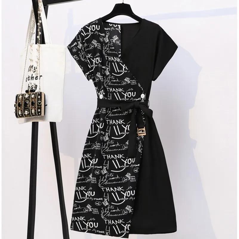 Femme Black Lettre Imprimer Robes Midi Femmes Été Vintage Plus Taille L-5XL Bureau Dames Robe avec ceinture élégante fête robes 210309