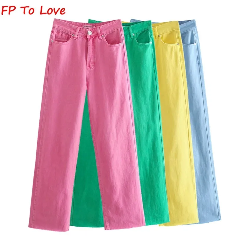 FP To Love Za Pantaloni vintage da donna a gamba larga Jeans Rosa Verde Blu Giallo Autunno Primavera Pantaloni da strada 211104