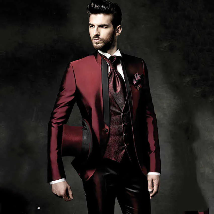 Wine Red Burgundy Suit Men Handsome Wedding Suits For Men Tailor Made Groom Tuxedo Vintage Italian Formal Men Suit 3 Pieces Suit X0909