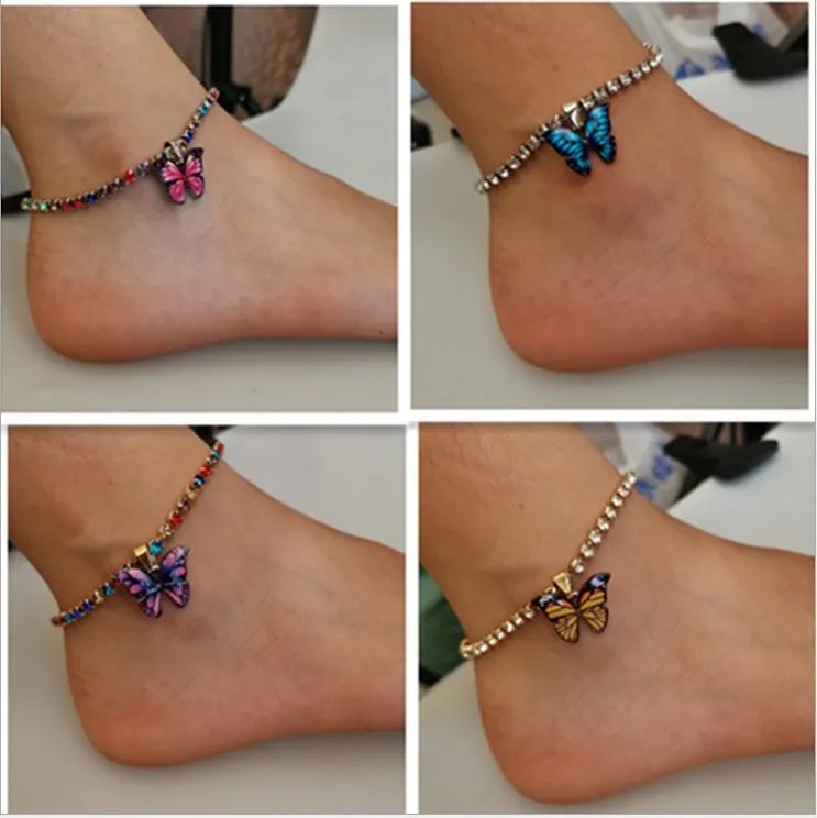 Strass Papillon Cheville Bracelets Magnifiques Papillons Cristal Bracelet Cheville Chaîne Mignon Charmes Cheville Coloré Cristal Pendentif Boho Bea