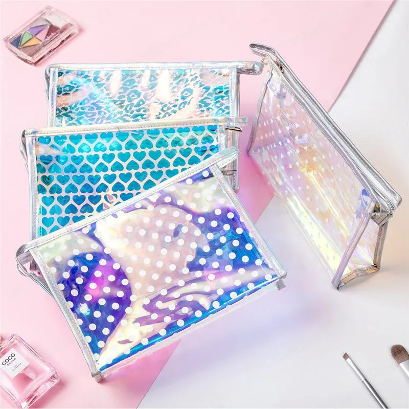 Lady Girl Färgrik Laser Zipper Storage Bag Stora Kapacitet Bärbar resa Vattentät Toalettsaker Väska PVC Transparenta Kosmetiska Väskor