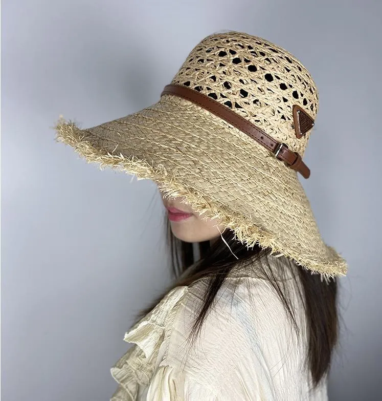 Womens Designer Straw Sun Cap With Belt Patchwork High Beanie For