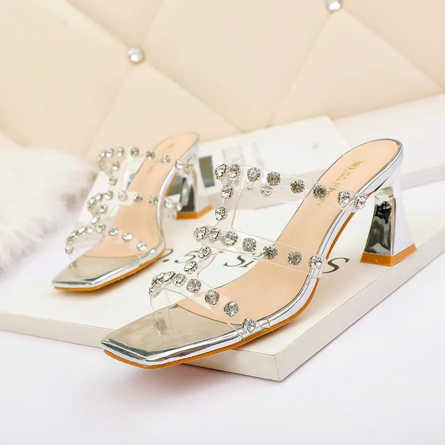 Famous Design Summer Bing Sandals Slipper Women`s High Heels Sexy Pointed Toe Crystal Strap Lady Wedding Party Dress Pumps Stiletto Heel With Box