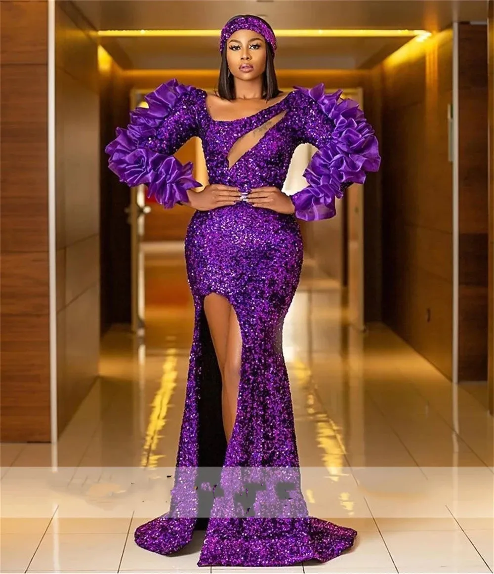 Robe de soirée luxueuse violette à paillettes, style sirène, fendue sur le côté, tenue de bal Aso Ebi, à volants, manches longues, robe de soirée pour femmes