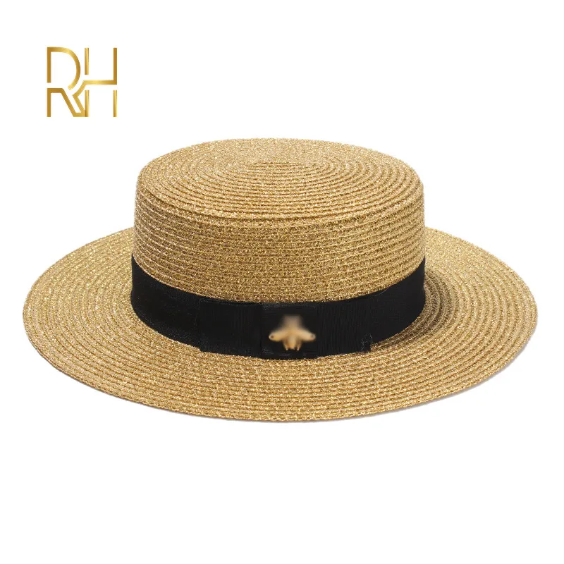 Chapéu Fedora de Sol Feminino Pequeno Chapéu de Palha Abelha Europeu e Americano Chapéu Trançado Dourado Retrô Pára-sol Feminino Viseira Plana Chapéus RH 210311