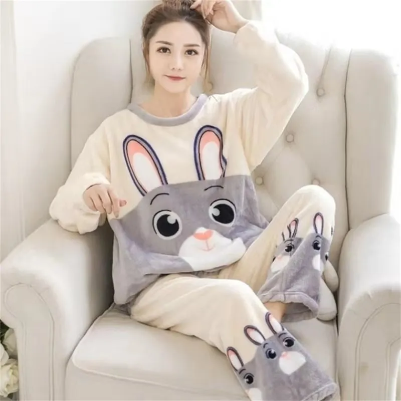 Autumn Winter Warm Flannel Women Pyjamas Sets Thick Coral Velvet Long Sleeve Cartoon Sleepwear Thin Pajamas Set 210809