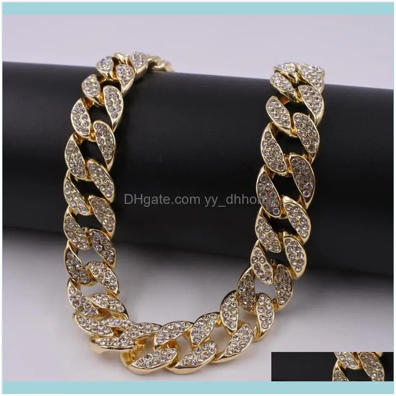 Link, Chain Gold Color 16mm Crystal  Cuban Bracelets Mens Jewelry Iced Out Bling One Row Hip Hop Necklace For Rapper