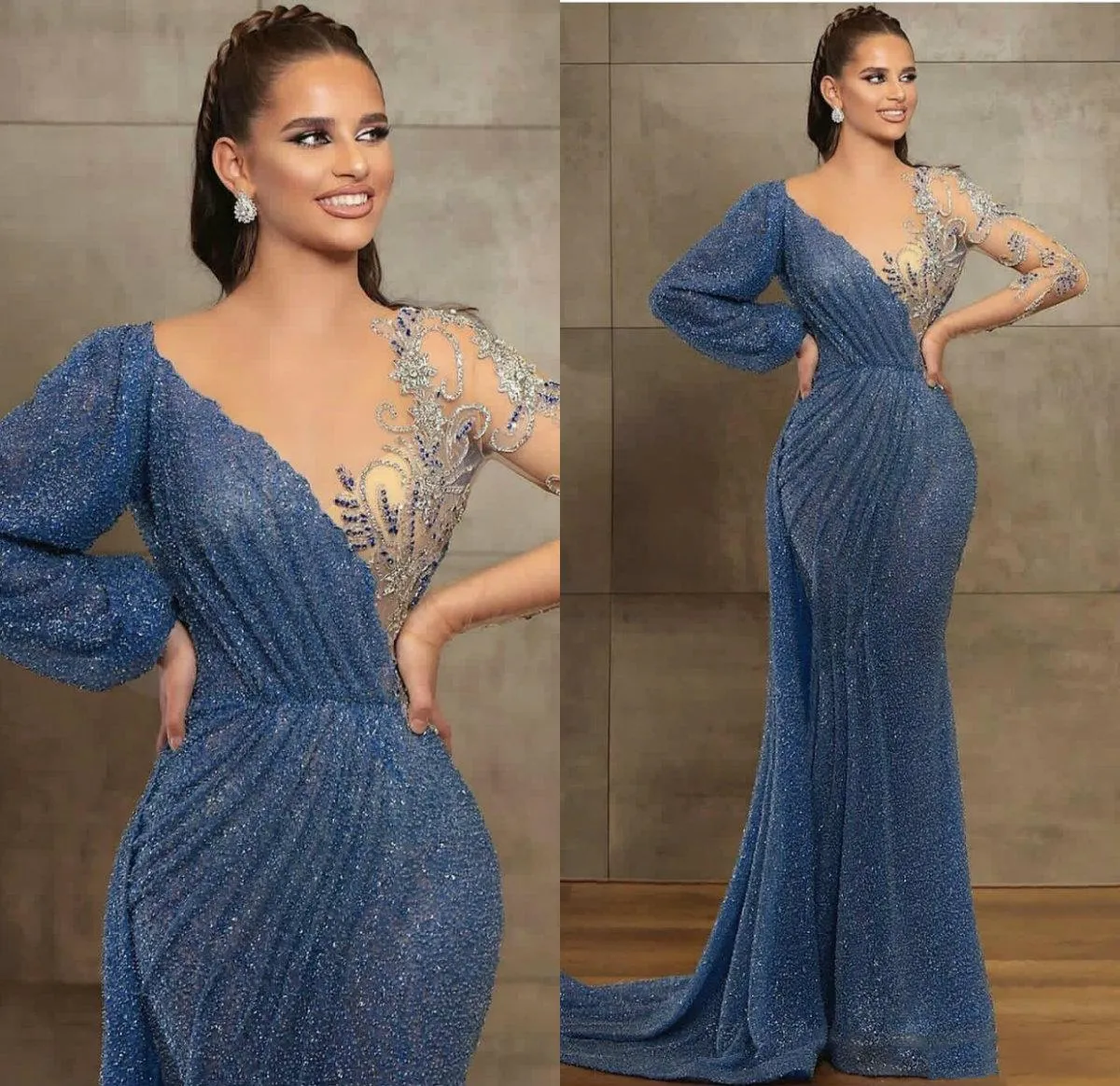 Sexy Navy Mermaid Evening Dresses Long Sleeve Beads Arabic Women Formal Occasion Wear Sweep Train Prom Party Dress Pageant Gowns