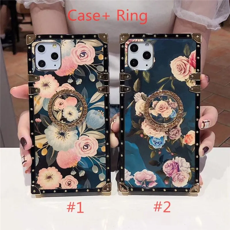 Casos de telefone de flor para iphone 12 pro máximo 11 6 6 6s 7 8 xr xs diamante quadrado de moda criativa com anel protetora caso capa