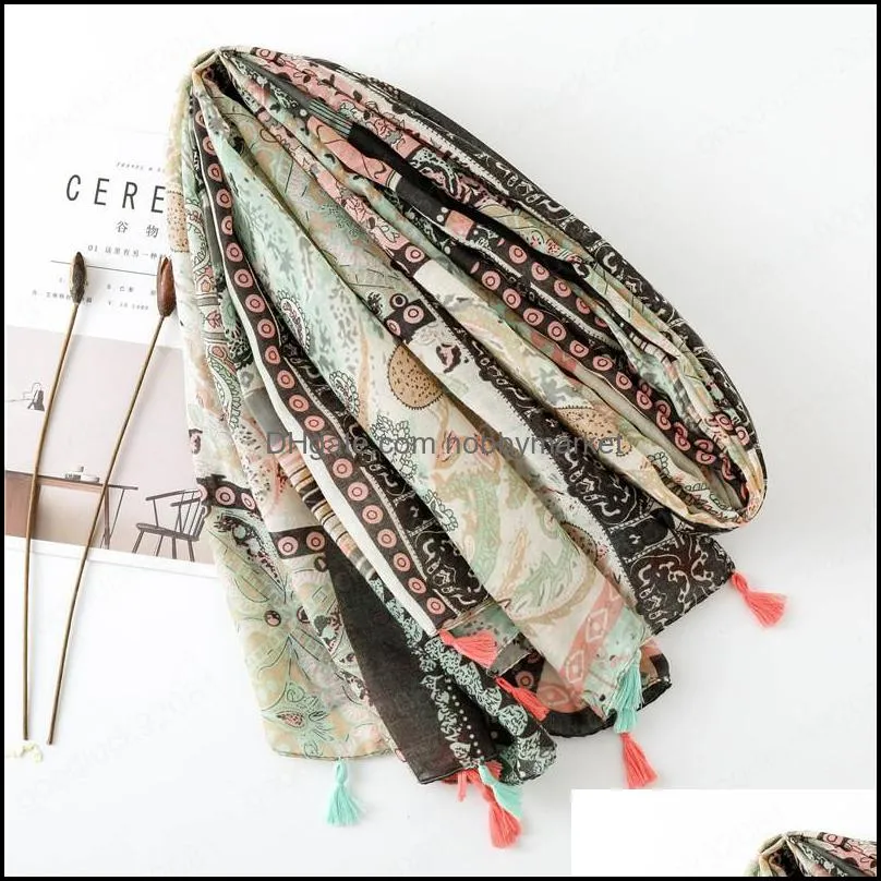 Floral Tassels Scarf Hijabs Women Fashion Long Cotton Shawls Muslim Head Wraps Turbans Headscarf