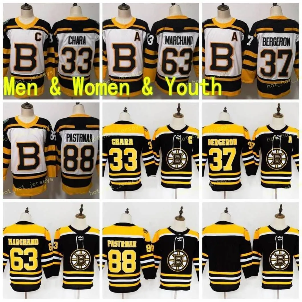 Dames Jeugd Boston Jersey Bruins Hockey 37 Patrice Bergeron 63 Brad Marchand 88 David Pastrnak 33 Zdeno Chara Charlie McAvoy zwart wit