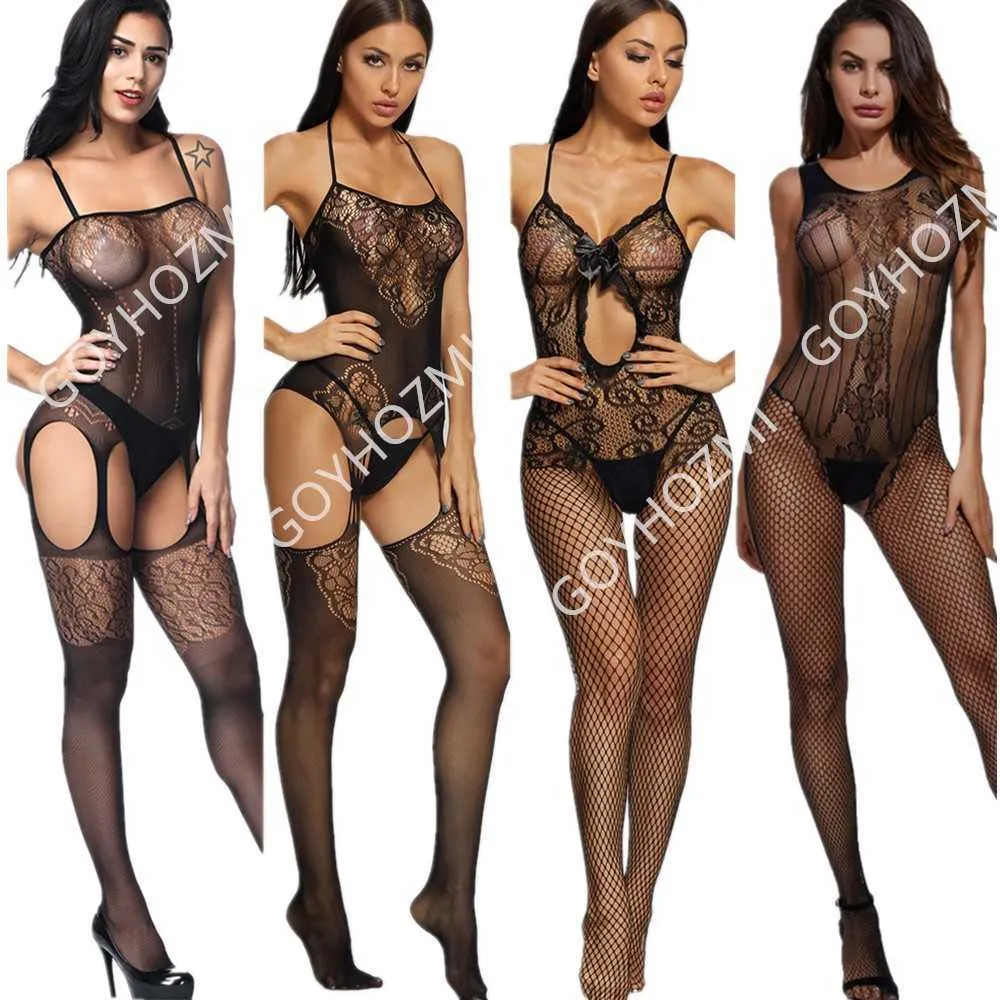 Sexy Lingerie Orsacchiotti Body Costumi Hot Lingerie erotica Con apertura sul cavallo Elasticità Mesh Body Calze Stretto Porn Sex Underwear