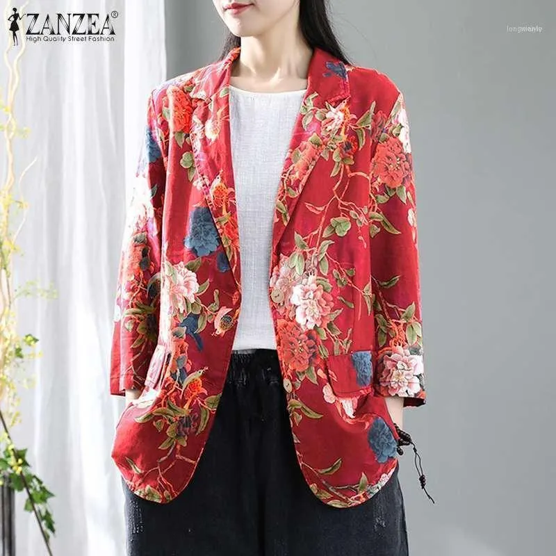 Ternos femininos Blazers Outono Algodão Linho Mulheres Blazer Vintage Floral Impressão Solta Cardigan Lapela Pescoço Dos Casacos Casuais Outwear1