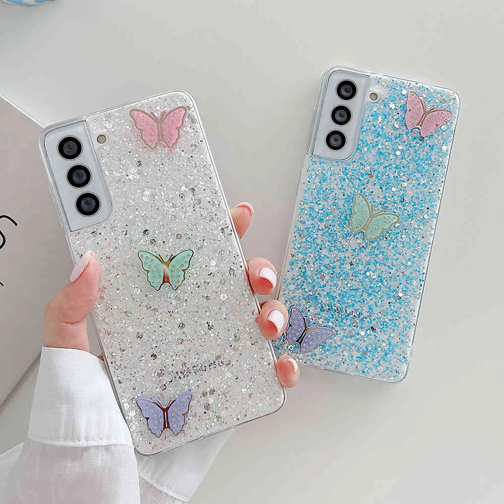 Butterfly Bling Glitter Phone Cases For Samsung A32 A52 A72 A51 A71 S21 Plus S20 FE Note 20 10 Soft Bumper Back Cover