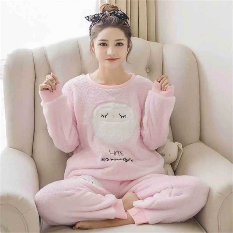 Herfst Winter Warm Dunne Flanel Pyjama's Set voor Dames Coral Fluwelen Lange Mouw Cartoon Nachtkleding Leuke Homewear Pijama 211215