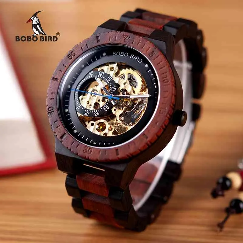 BOBO BIRD Orologio meccanico in legno da uomo Relogio Masculino Orologi da uomo grandi Orologi di lusso delle migliori marche erkek kol saati Drop 210804