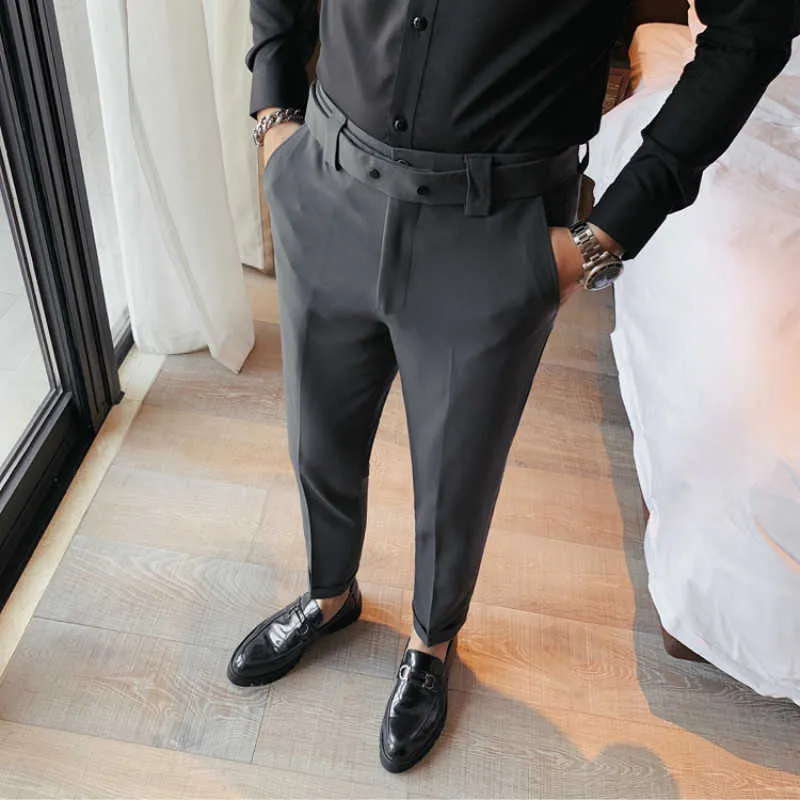 Classic Belt Decoration Men Business Dress Pants Formal Office Social Suit Pants British Style Casual Trousers Pantalon Homme 210527