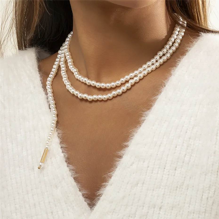 KPOP элегантная асимметрия имитация жемчуга цепи ожерелье для женщин свадебные свадебные многослойные ключицельные шеи ювелирные изделия