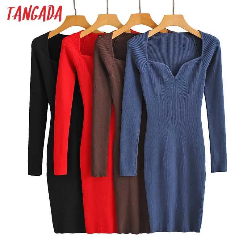 Tangada mode femmes solide élégant mince robe pull à manches longues col en V bureau dames robe crayon LK07 210609