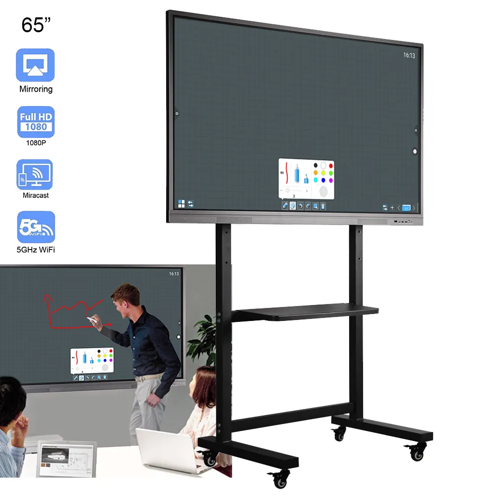 Soulaca 65 inches Touchscreen Electronic Smart White Board Interactive Presentation LCD Screen for Office Business with Rolling TV Stand