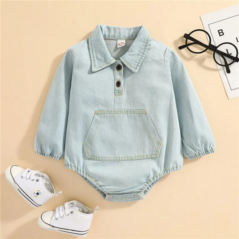Rompers Baby Boys Girls Casual Denim Cloth Romper, Spring Fall Fashion Light Blue Solid Color Long Sleeve Collared, 0-24 Months