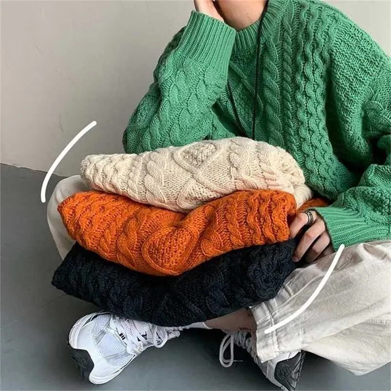 Korean Sweater Men Long Sleeve Knitted Shirts Cable Knit Oversized Pullover Jumper Fashion Clothing 211221