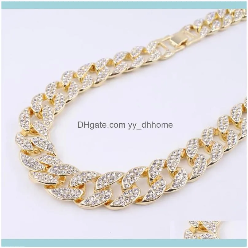 Link, Chain Gold Color 16mm Crystal  Cuban Bracelets Mens Jewelry Iced Out Bling One Row Hip Hop Necklace For Rapper