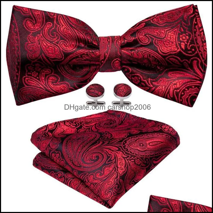 Bow Ties Red Pre-Bowties For Men Silk Butterfly Lattice Hanky Cufflinks Set Collar Removable Necktie Xmas Wedding Party Shirt
