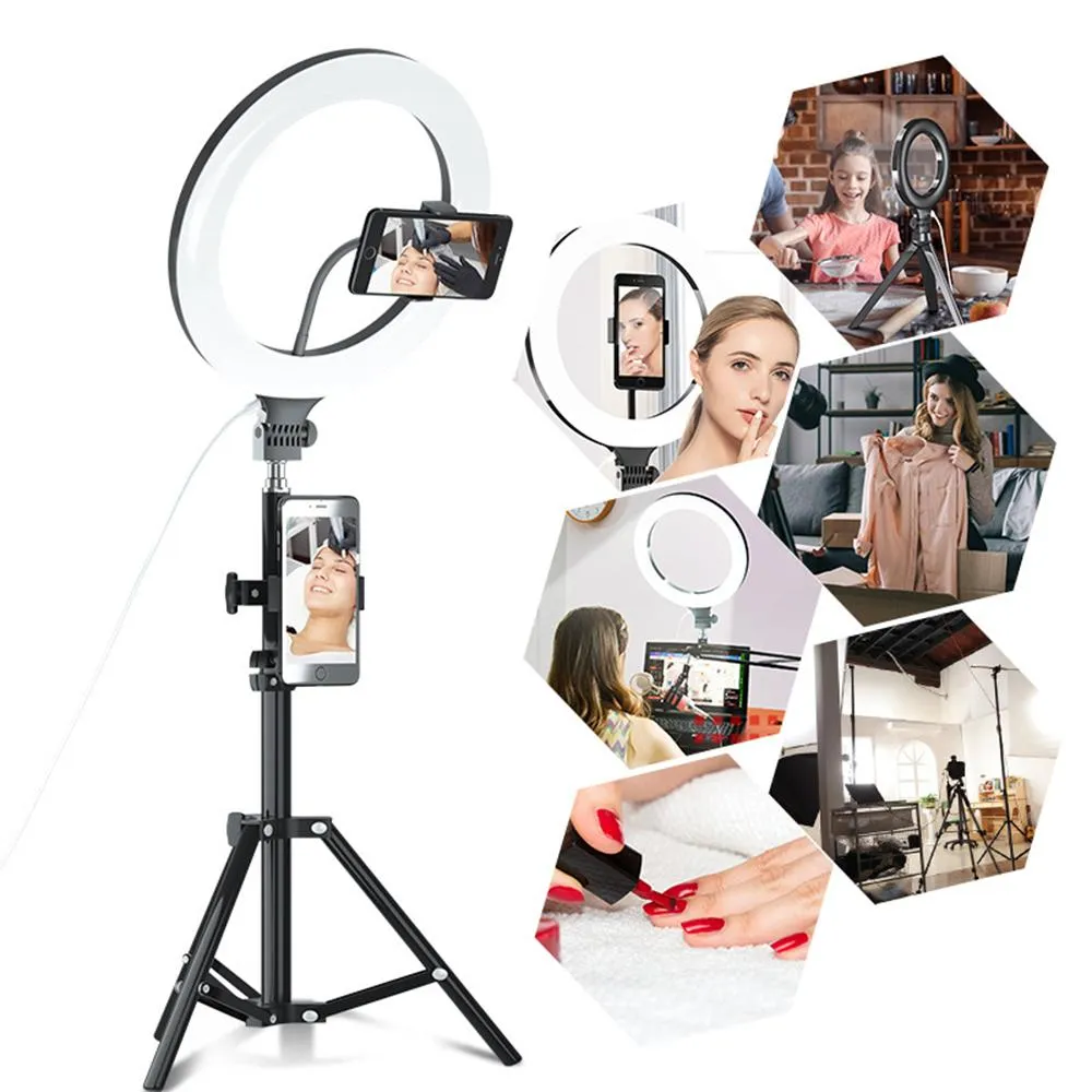 Justerbara vikbara selfie monopoder bärbara stativ för Beauty Video Live Broadcast Streaming med 10 eller 6 tum LED Selfies Light Ring