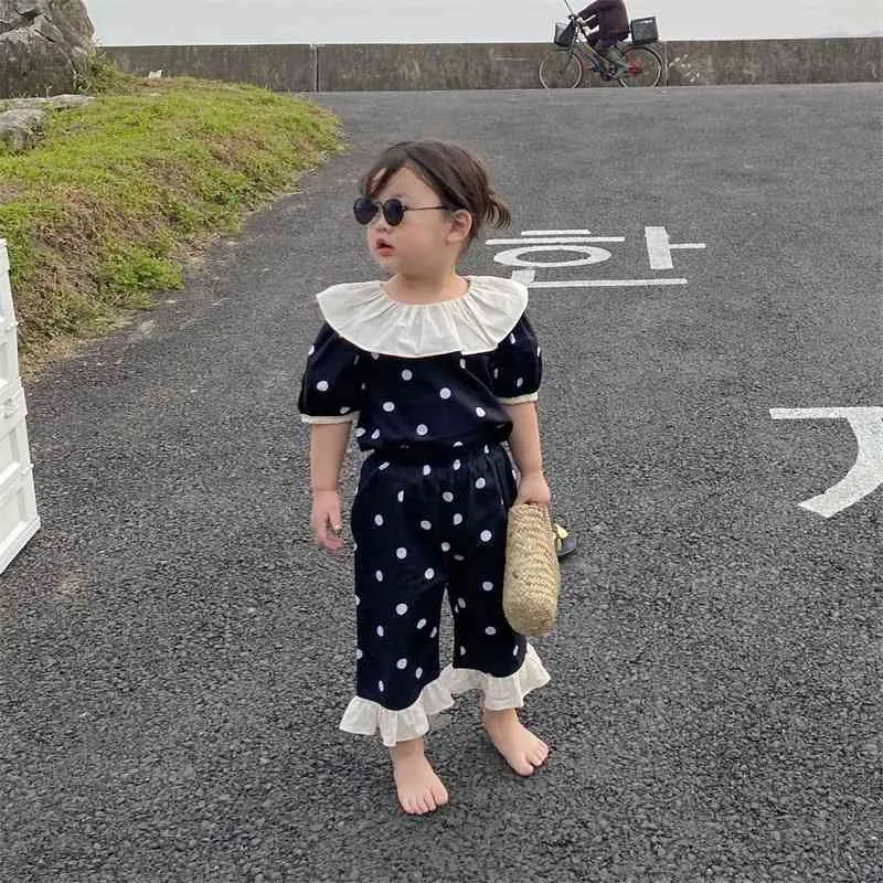 Summer Arrival Girls Fashion Dot 2 Pieces Suit Top+pants Kids Korean Design Sets Girl Clothes 210528