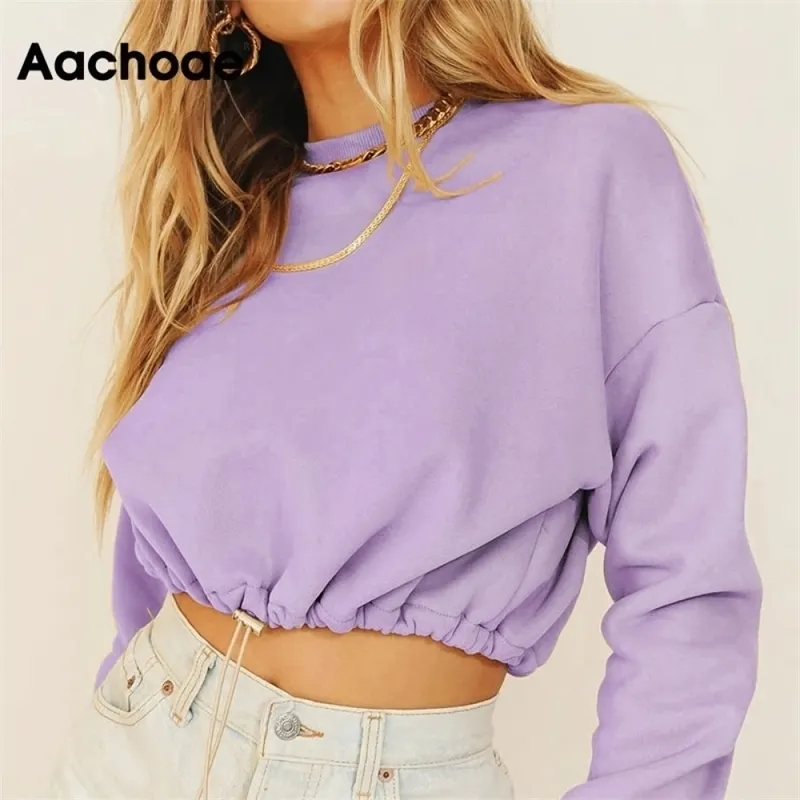 Aachoae Solid Casual Pullover Sweatshirt Women Batwing Long Sleeve Loose Sports Style Cropped Tops O Neck Tracksuit Hoodies Lady 201030