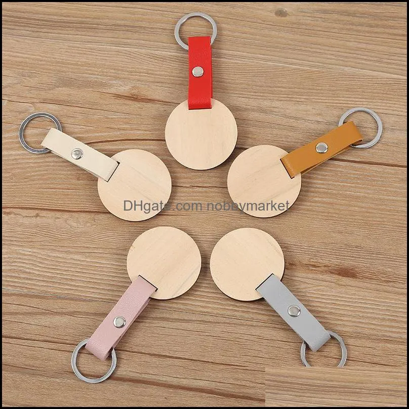 Natural Wooden Disc Keychain Wholesale Personalized Custom Letters Blank PU Leather O key rings Wood Disk Pendant