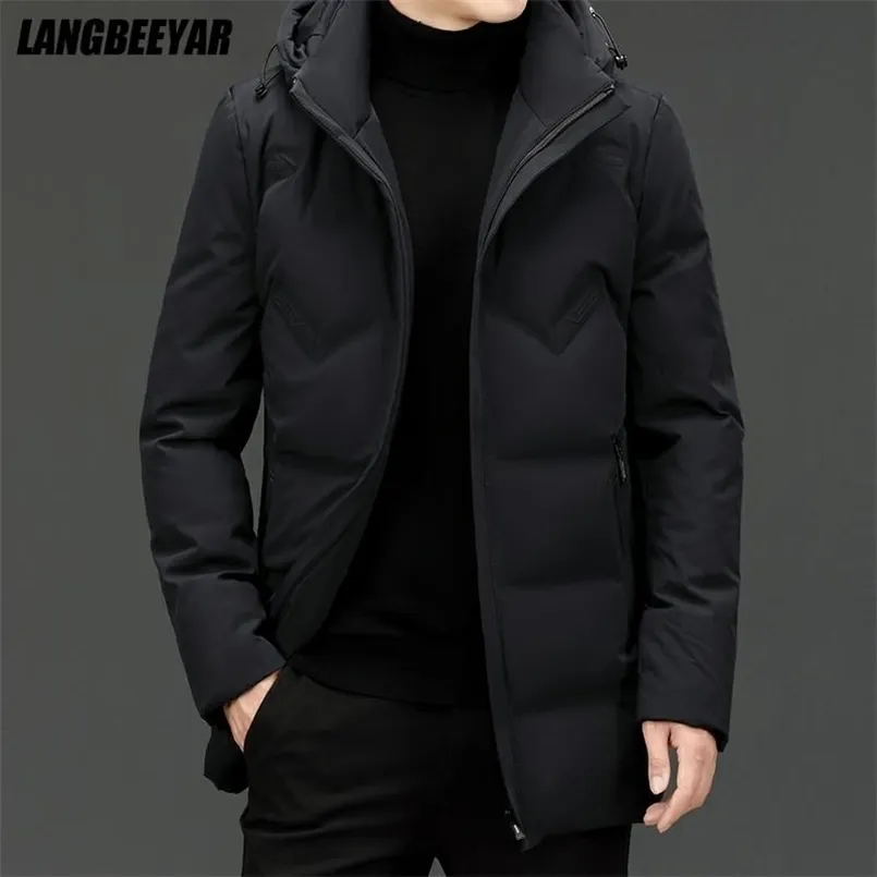 High End Marka Casual Moda Długie 90% Męskie Duck Down Kurtka z kaptur Czarny Windbreaker Puffer Coats Winter Mens Odzież 211129