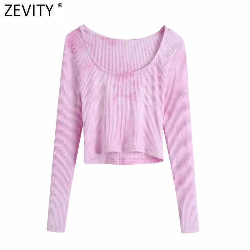 Zevity Spring Women Simply Tie Dyed T-shirt con cappuccio Donna manica lunga Chic Camis Tank Casual Slim Knitting Crop Tops LS7631 210603