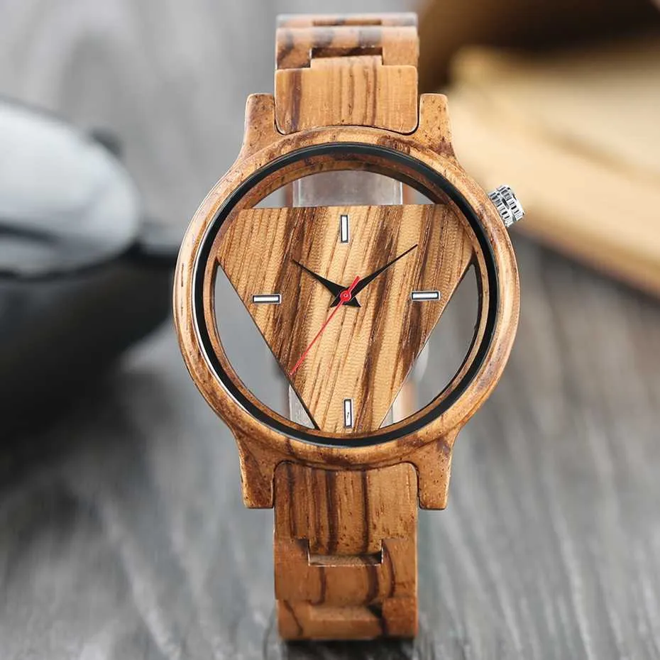 Unique Inverted Geometric Triangle Zebra Wood Watch Men Women Creative Hollow Dial Full Wooden Quartz Wristwatch Reloj de madera Christmas Gifts Best Gifts (7)