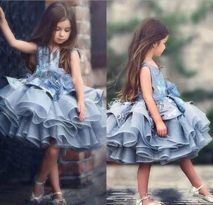 Most Cute Baby Kids Blue Tiered Tutu Short Pageant Dresses Princess 2020 Glitz Tulle Puffy Flowers Girl Dresses Dubai Formal Party Dress