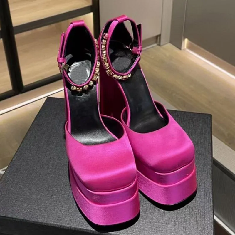 Designer Platform Sandals Women Square Toe Satin Chunky Heels