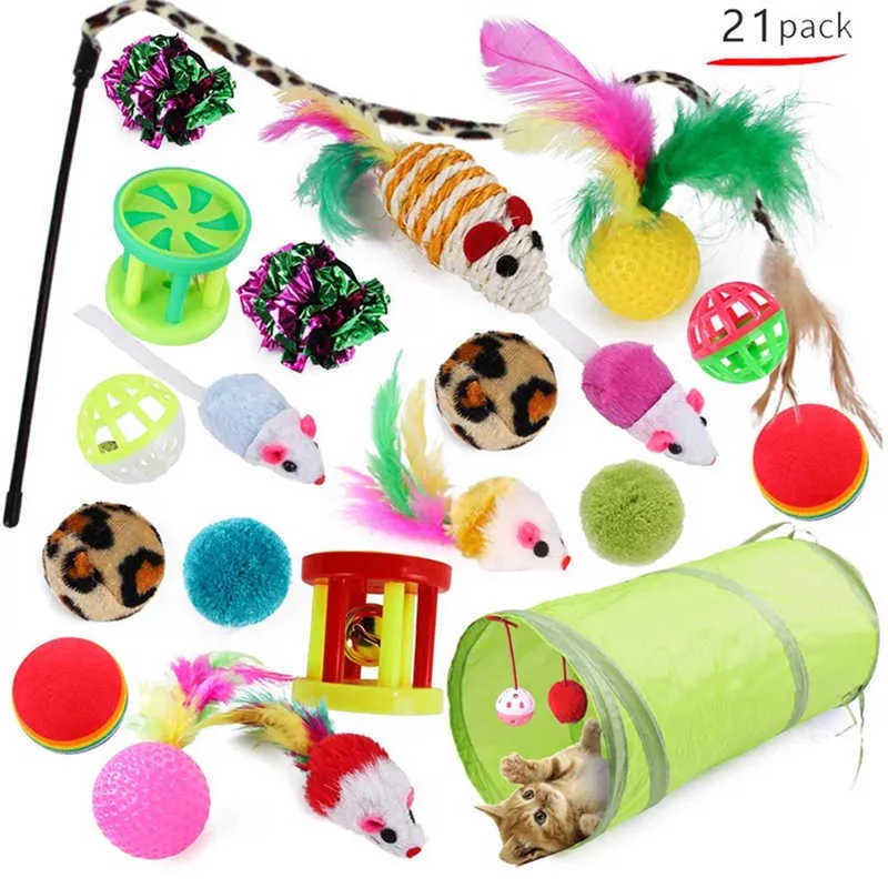 21pcs Gato Brinquedos Teaser Penas Colorido Stick Com Pequeno Bell Mouse Cage Bola Túnel Jogo Interativo Gatinho Bens de Brinquedo para Gatos 210929