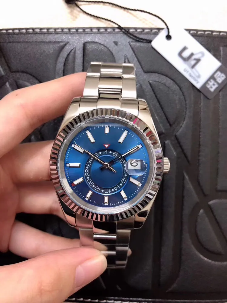 U1 Navy ST9 Steel Mens 시계 블루 GMT 자동 이동 소형 다이얼 Sapphire Calendar 42mm 시계 스테인레스 스카이 손목 시계