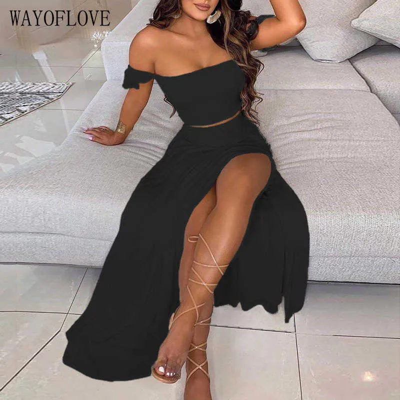 Wayoflove Robe noire Ensembles Party Sexy Summer Robe longue Ensembles Femmes Plus Taille Top et jupe fendue Costume élégant deux pièces Ensemble 210602