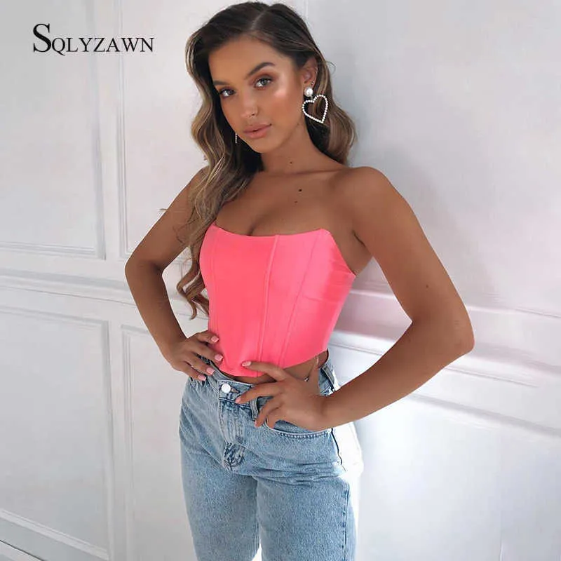 Satin Strapless Corset Sexy Women Fluorescent Pink Crop Top Slim Off Shoulder Female Slash Neck Short Tops Night Party Clubwear Y0622