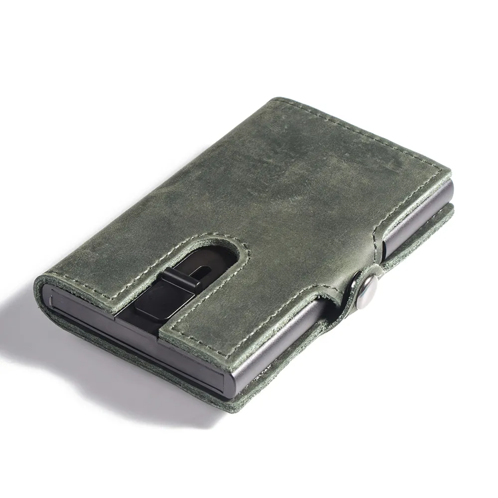 Men Zipper Card Holder Wallet 100% Genuine Leather Blocking Case Metal Up