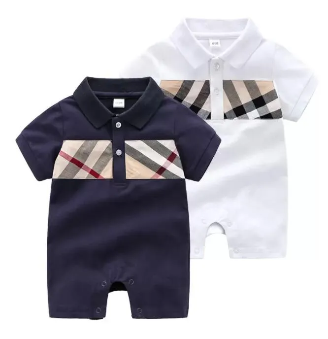 Bébé barboteuses garçons plaid nœuds cravate combinaisons enfant en bas âge revers à manches courtes coton escalade vêtements mode nouveau-né enfants couche F5487